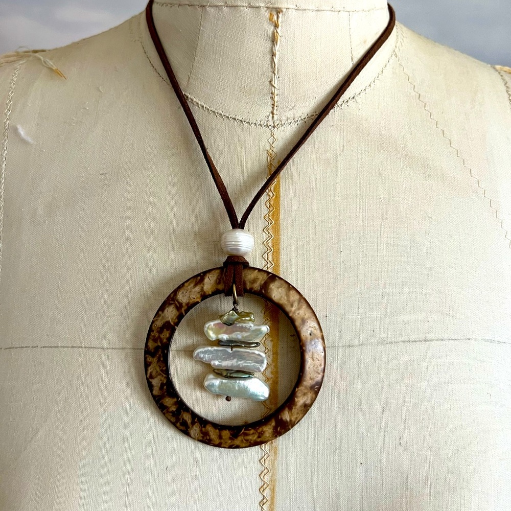 Artisan Made Fresh Water Pearls On Coconut Shell Hoop Necklace